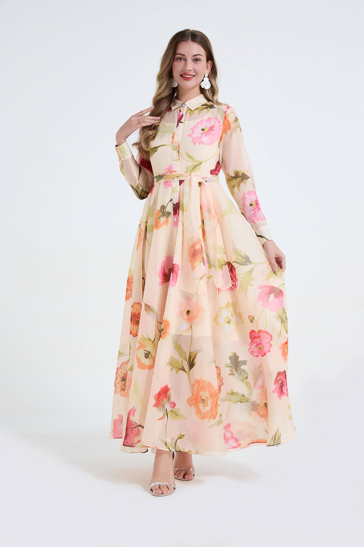 Floral Long Sleeved Garden High Waisted Dress