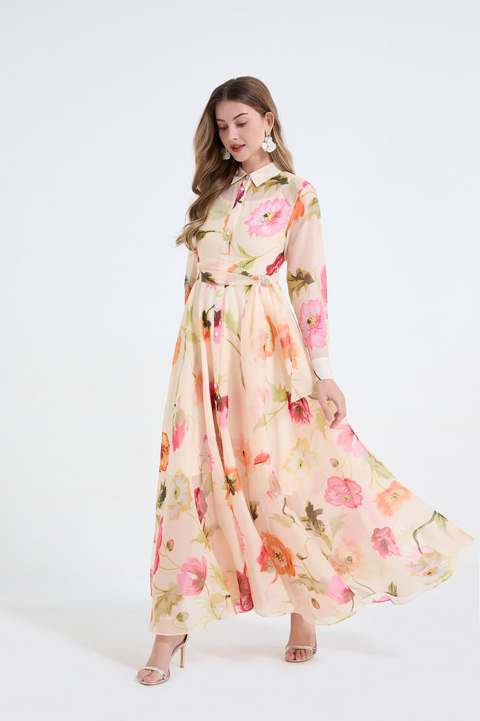 Floral Long Sleeved Garden High Waisted Dress
