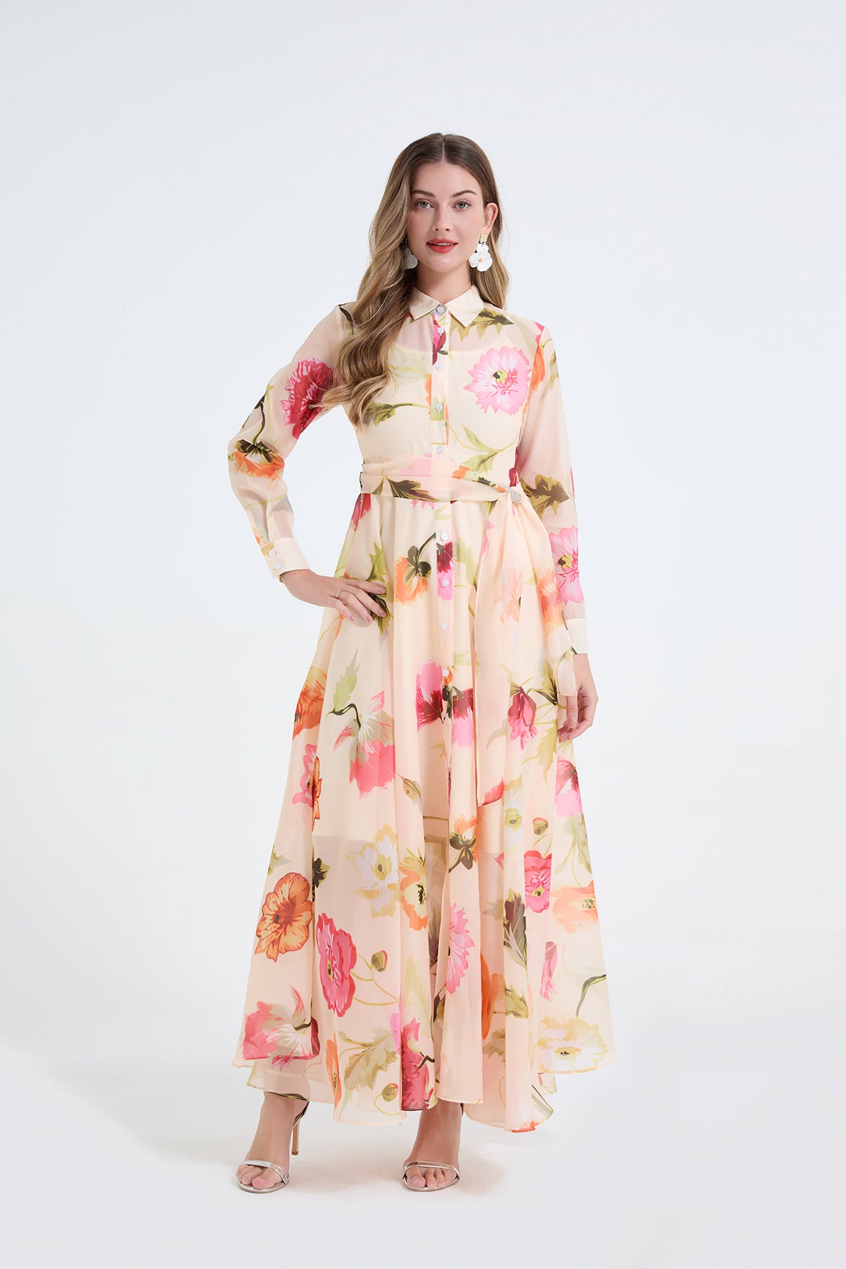 Floral Long Sleeved Garden High Waisted Dress