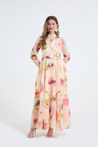 Floral Long Sleeved Garden High Waisted Dress
