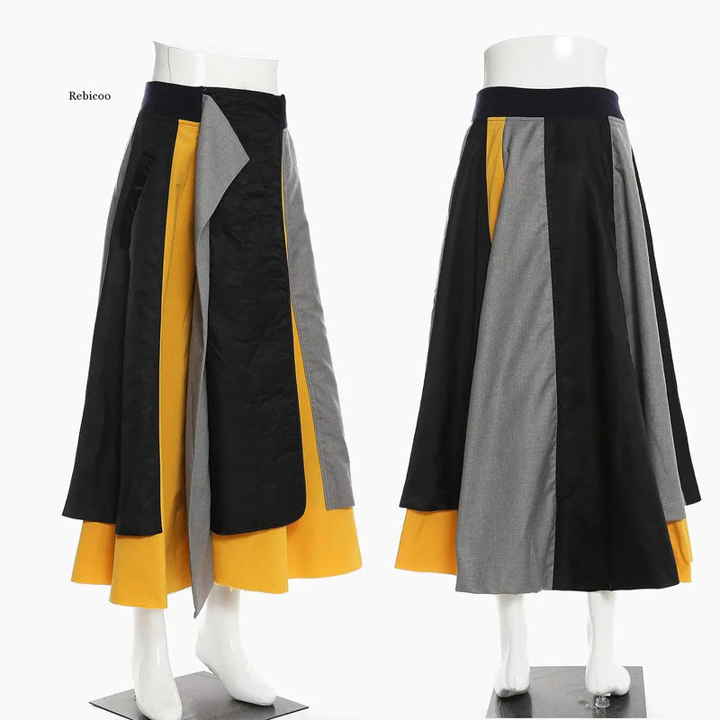 High Elastic Waist Contrast Color Irregular Yellow Half-Body Skirt Women Fashion Tide New Spring Autumn 2021