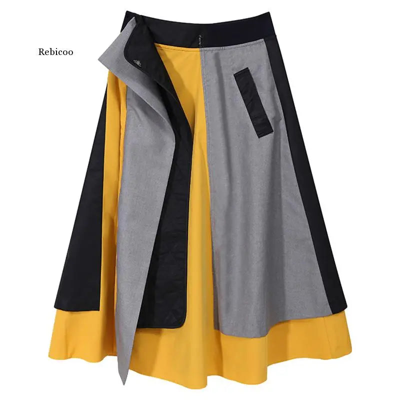 High Elastic Waist Contrast Color Irregular Yellow Half-Body Skirt Women Fashion Tide New Spring Autumn 2021