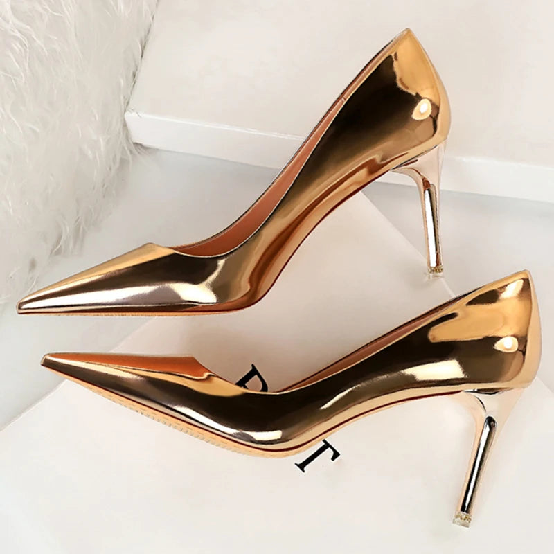Women Patent Leather Point Toed Thin High Heels