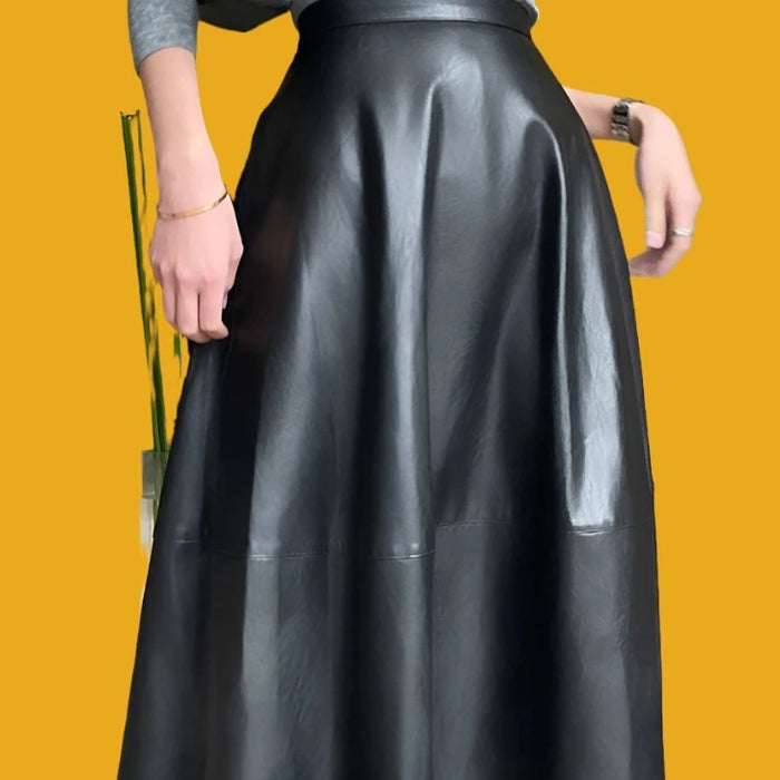 High Waisted Faux Leather Long Skirt