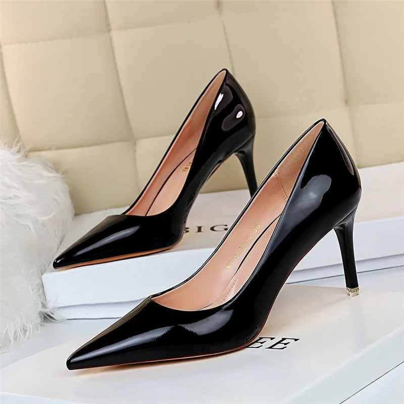 Women Patent Leather Point Toed Thin High Heels