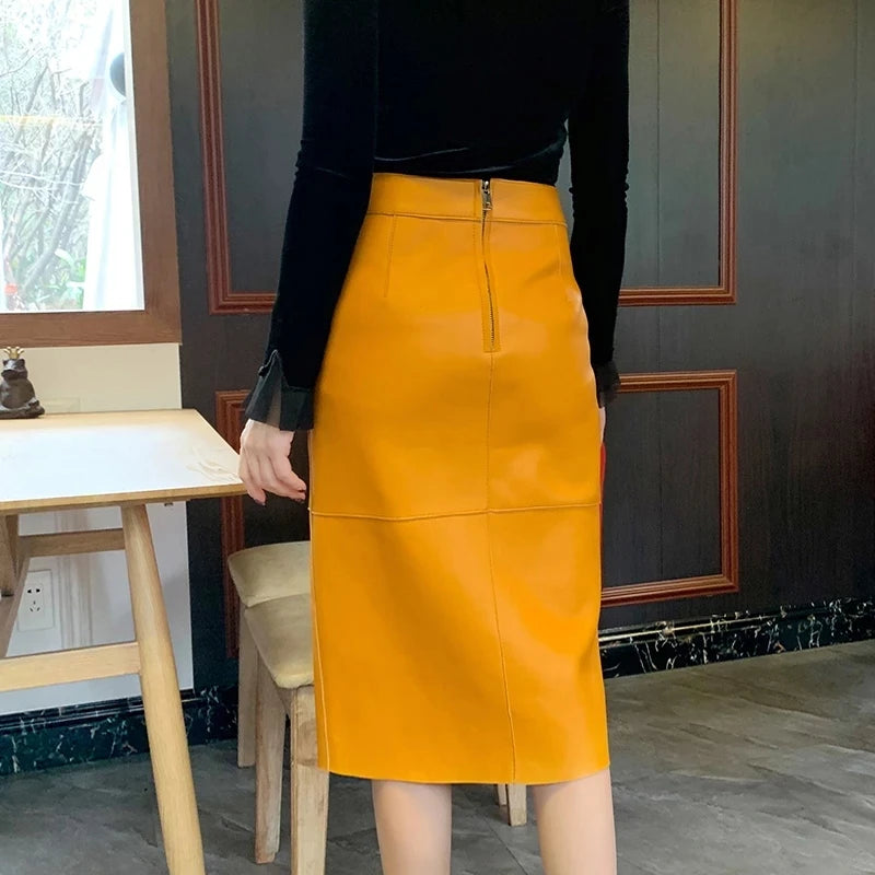 Fall into Elegance with the Genuine Leather French Retro Split Skirt