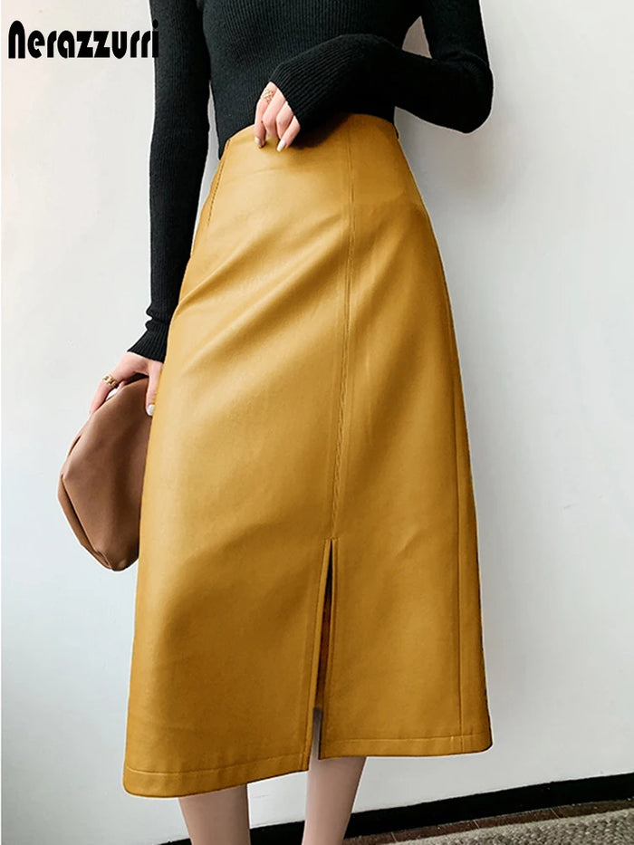 Nerazzurri  Below the Knee Soft Faux Leather Straight Skirt