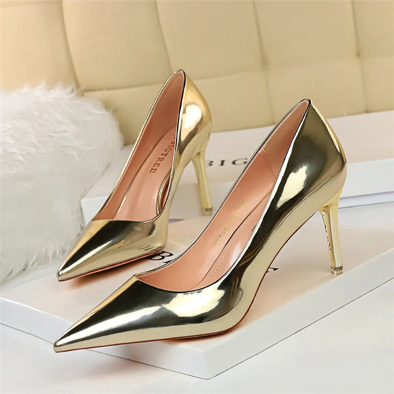 Women Patent Leather Point Toed Thin High Heels