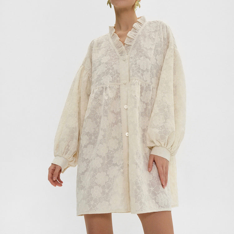 French Lace Puff Sleeve Shirt Dress