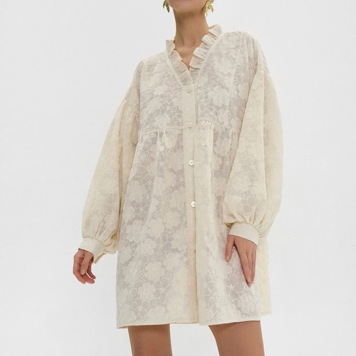 French Lace Puff Sleeve Shirt Dress