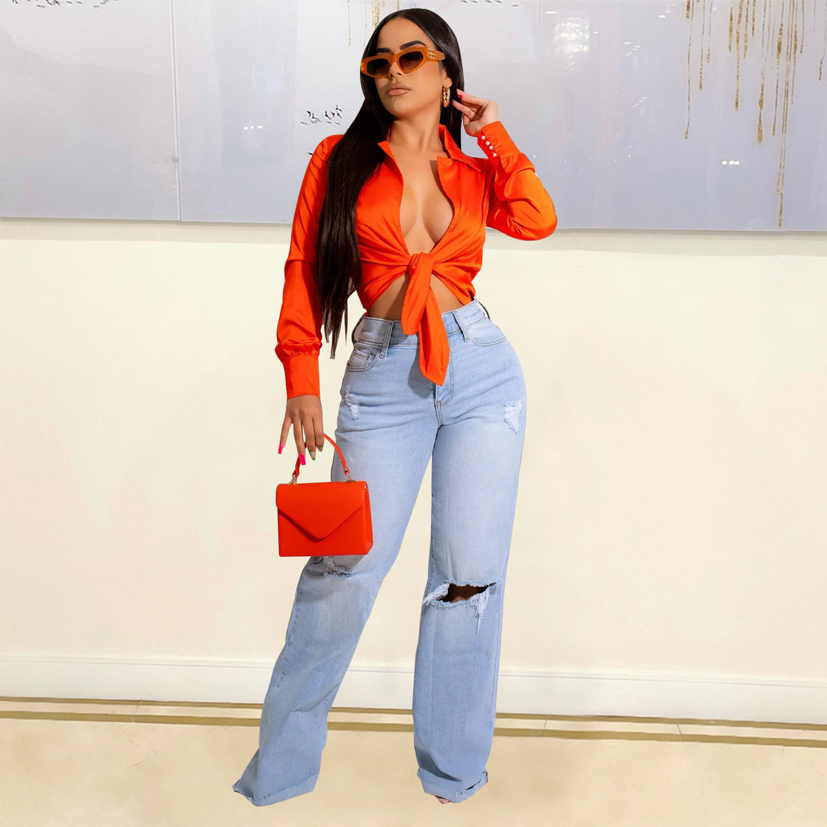 Sexy V neck Long Sleeve Blouse