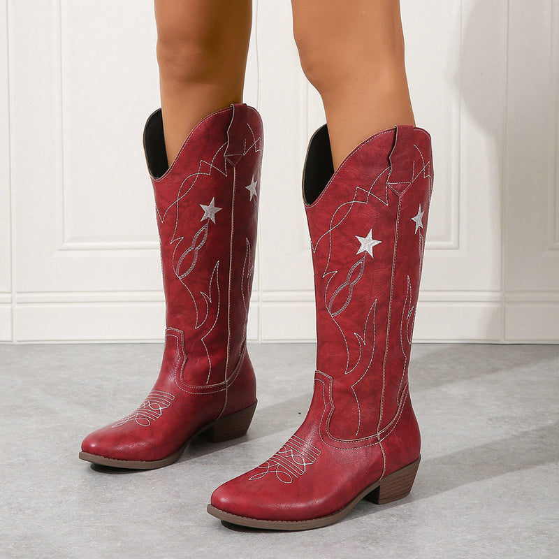 Embroidered Totem Women Riding Boots Thick Heel round Head Middle Boots All Match Vacation Everyday Women Boots