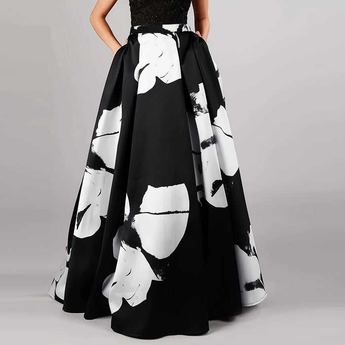 Black and White Floral Print High Waist Skirt