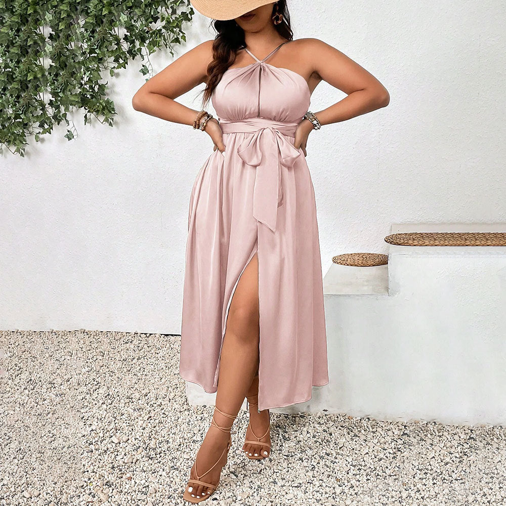 Satin Sexy Spilt Slanted Shoulder Dress