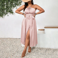 Satin Sexy Spilt Slanted Shoulder Dress