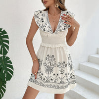 Summer Smocking Short Dress Casual Lotus Leaf Stitching Vacation Printing Dress