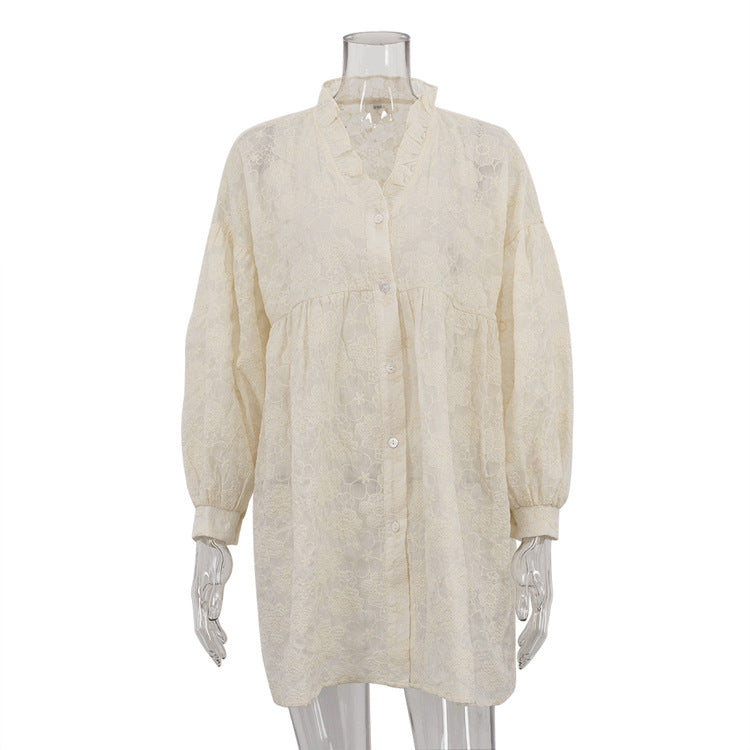 French Lace Puff Sleeve Shirt Dress