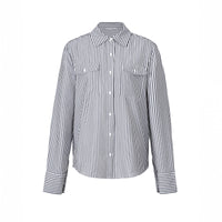 Spring Summer Casual Loose Pockets Striped Contrast Color Cardigan Women Clothes Top Shirt