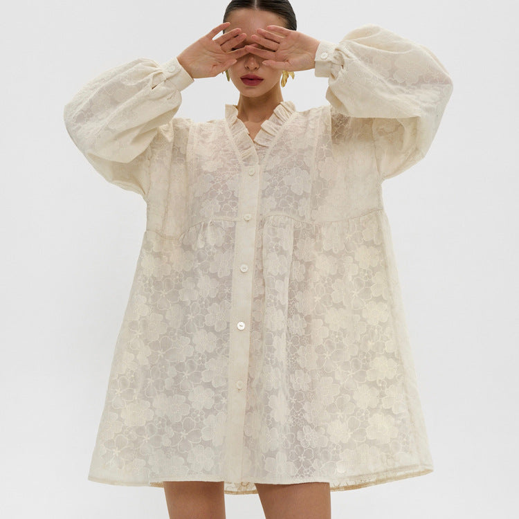 French Lace Puff Sleeve Shirt Dress