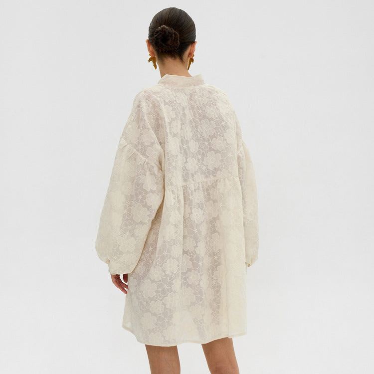 French Lace Puff Sleeve Shirt Dress