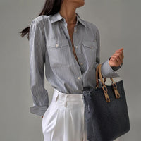 Spring Summer Casual Loose Pockets Striped Contrast Color Cardigan Women Clothes Top Shirt
