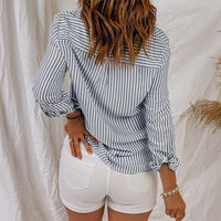 Spring Summer Casual Loose Pockets Striped Contrast Color Cardigan Women Clothes Top Shirt