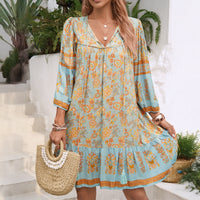 Spring Summer Casual Bohemian Holiday Rayon Printed V neck Dress Women Clothing