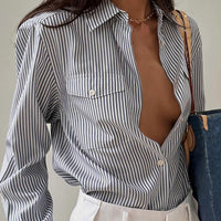 Spring Summer Casual Loose Pockets Striped Contrast Color Cardigan Women Clothes Top Shirt