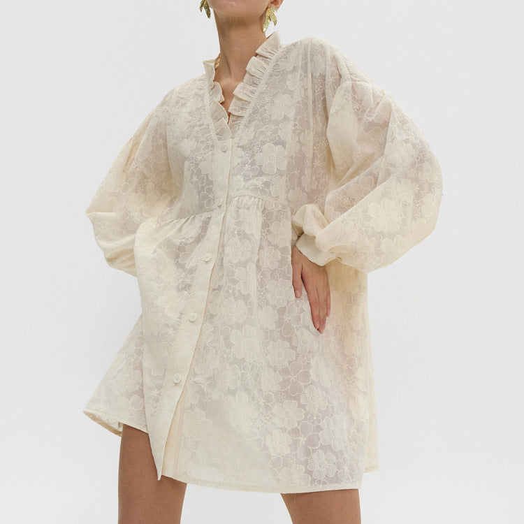 French Lace Puff Sleeve Shirt Dress