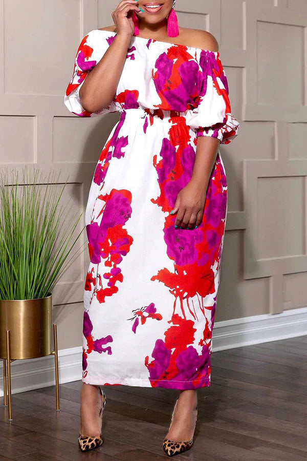 Plus Size Purple and Red Off Shoulder Cinched Dress