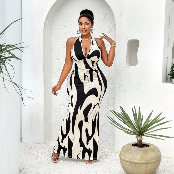 Sexy Curvy Girl Abstract Backless Halter V Neck Dress
