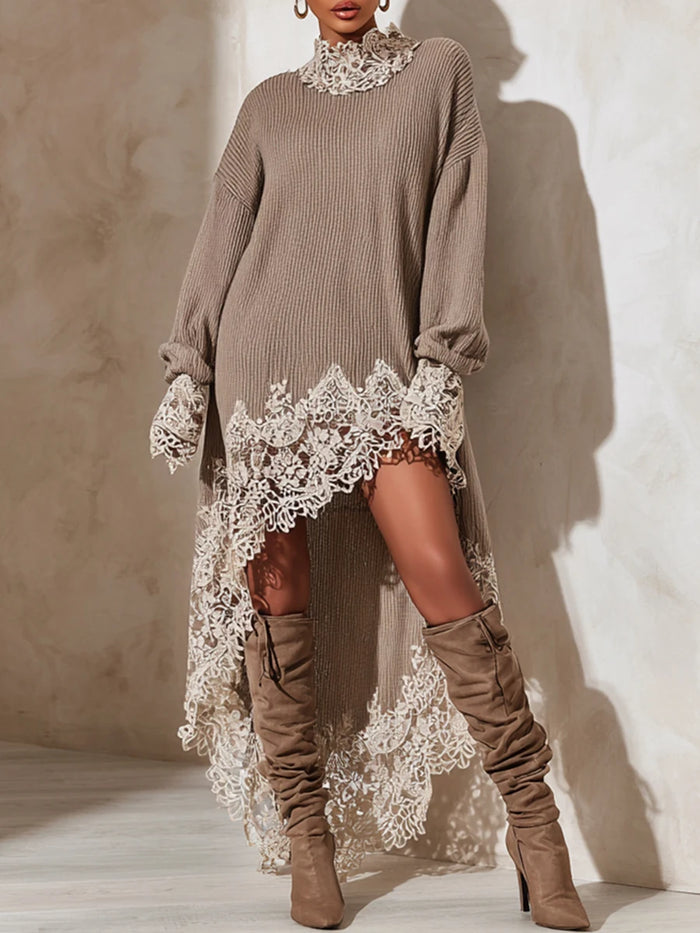 Lace Trim Turtleneck Mini Dress