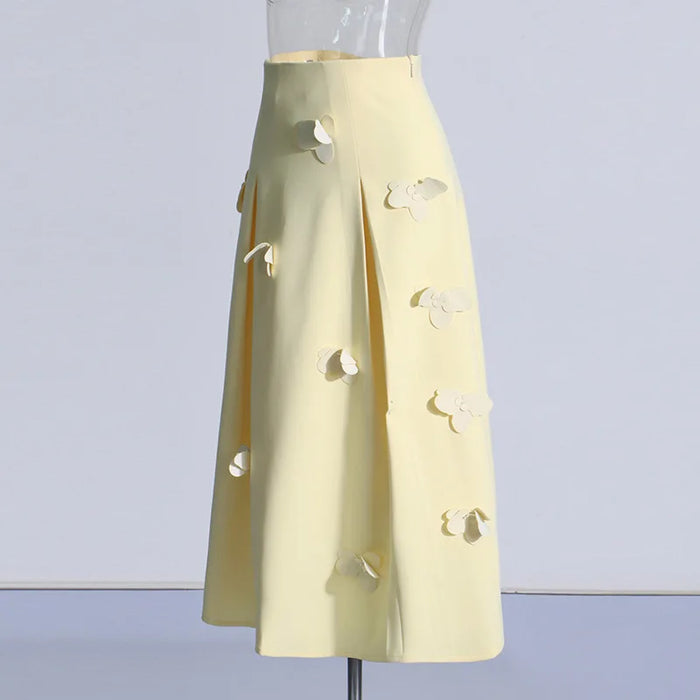 Sweet Elegance High Waist A- Line Skirt Women 2024spring Summer New Patchwork Flower Decoration Yellow Long Skirt Female