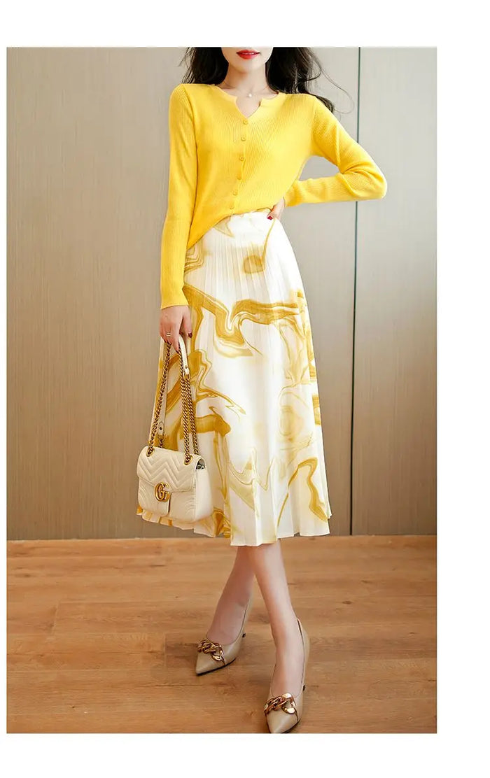 Sophisticated  A-Line High Waisted Yellow Skirt set