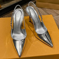 Dazzling Silver Point Toed High Heel Slingback Pumps
