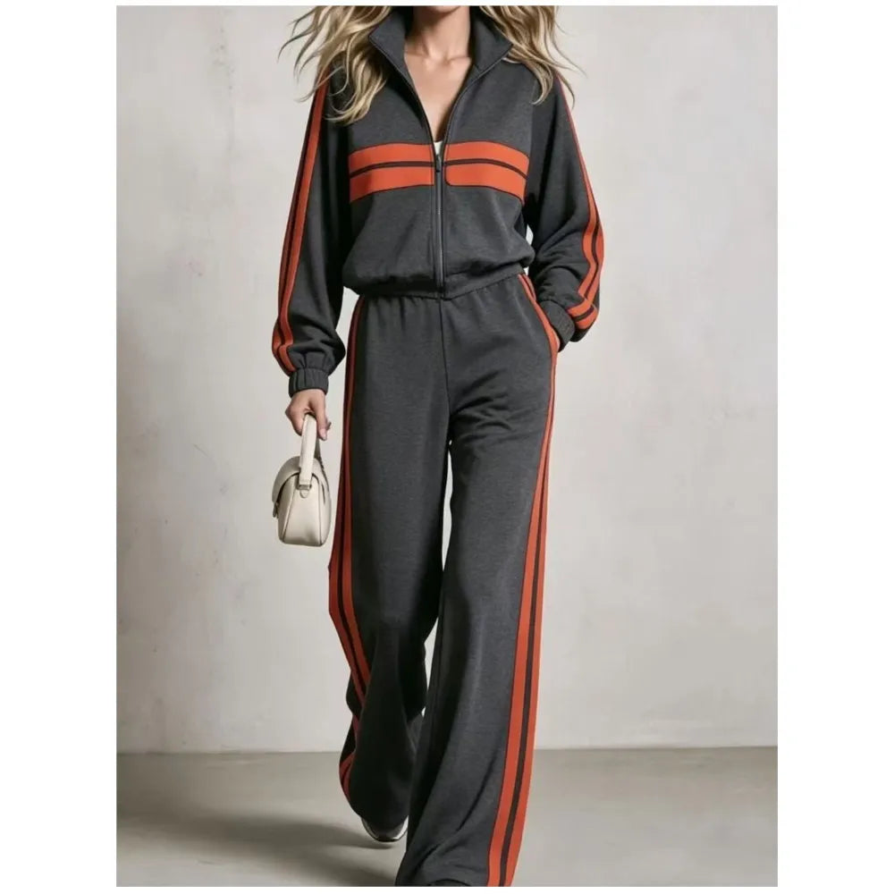 2Piece wide leg  Tracksuit Set with Stand Collar and  Zip Up Striped Jacket