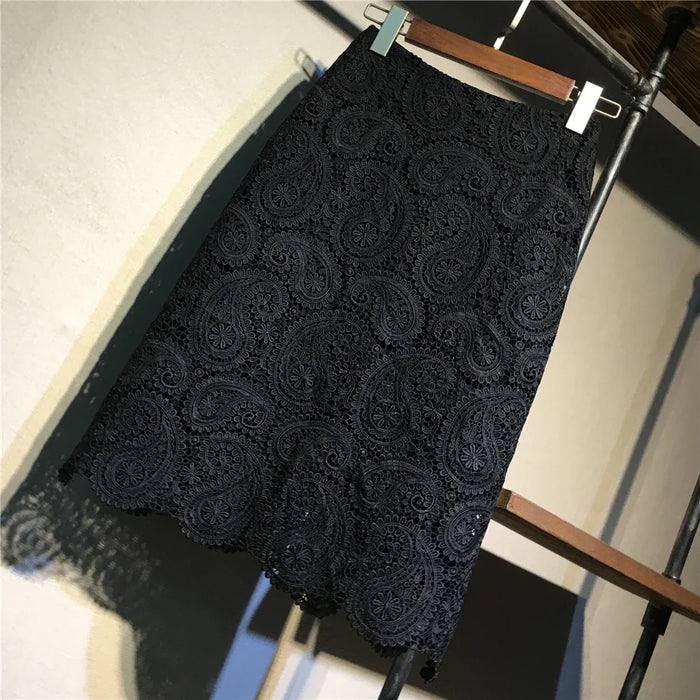 Women Black Yellow Lace Midi Pencil Skirt Bi-material Skirt For Suits With Zipper Long Floral Luxury SKirts Jupe Femme