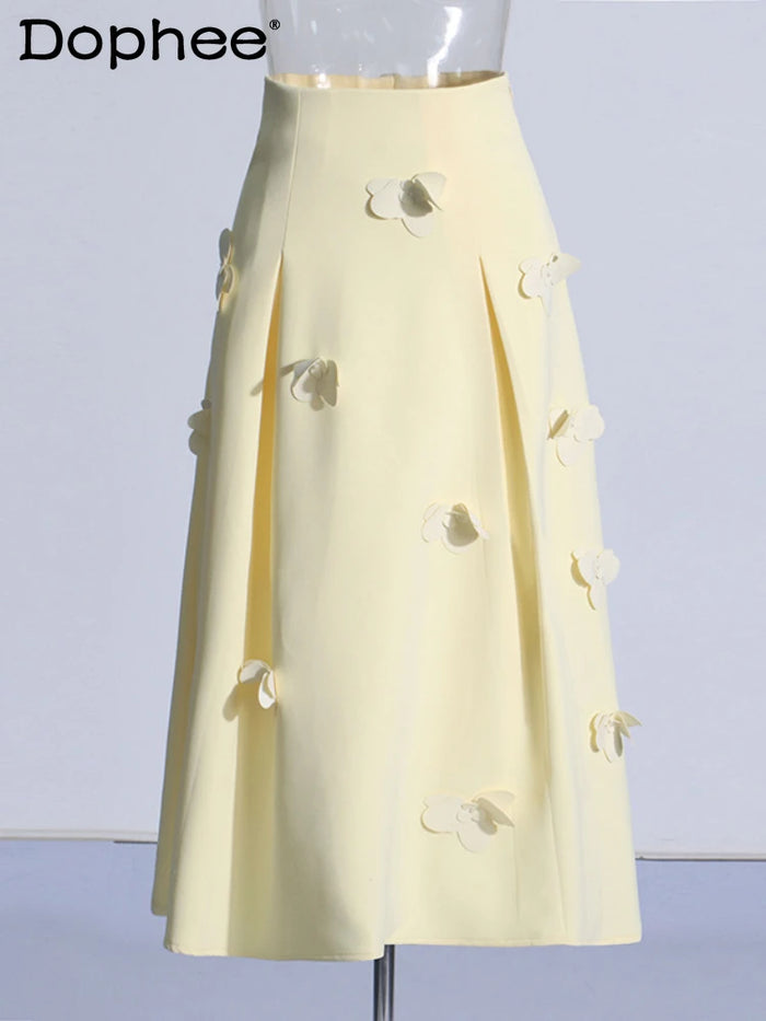 Sweet Elegance High Waist A- Line Skirt Women 2024spring Summer New Patchwork Flower Decoration Yellow Long Skirt Female