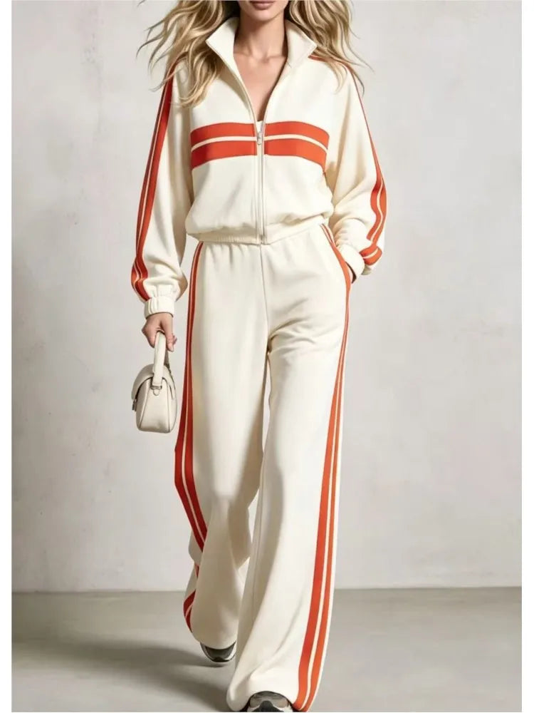 2Piece wide leg  Tracksuit Set with Stand Collar and  Zip Up Striped Jacket