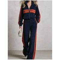 2Piece wide leg  Tracksuit Set with Stand Collar and  Zip Up Striped Jacket
