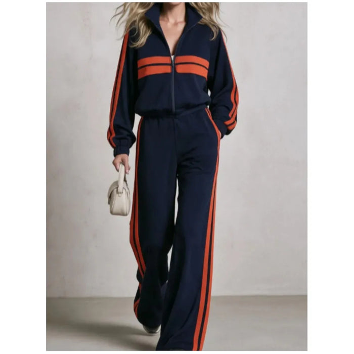 2Piece wide leg  Tracksuit Set with Stand Collar and  Zip Up Striped Jacket