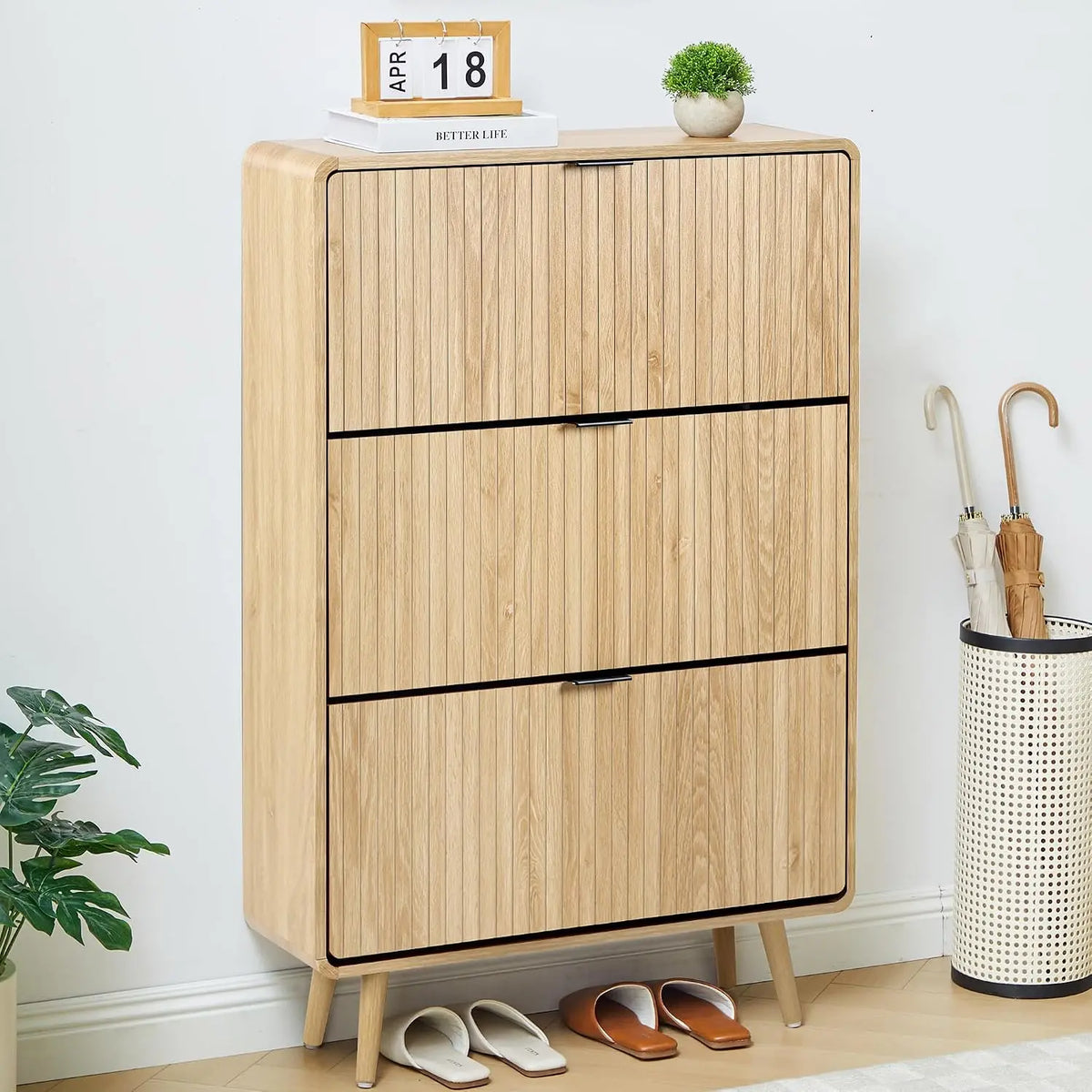 Fluted Tilt Proof  Narrow Slim Shoe Cabinet with 3 Flip Drawers