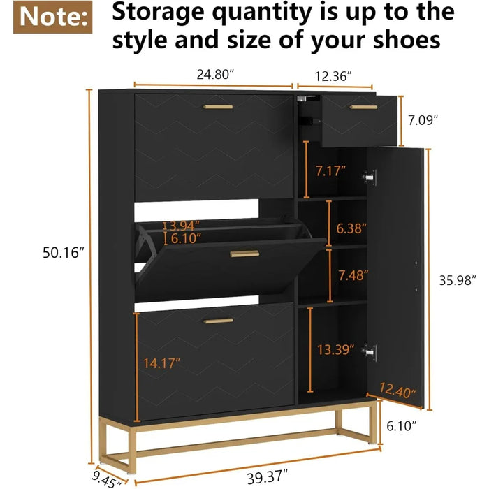 Shoe Storage Cabinet, Free Standing Shoe Organizer with 3 Flip Drawers,Modern Shoe Rack with Adjustable Side Cabinet