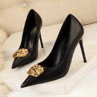 Soft Leather Pointed Decorative Metal Buckle Stiletto