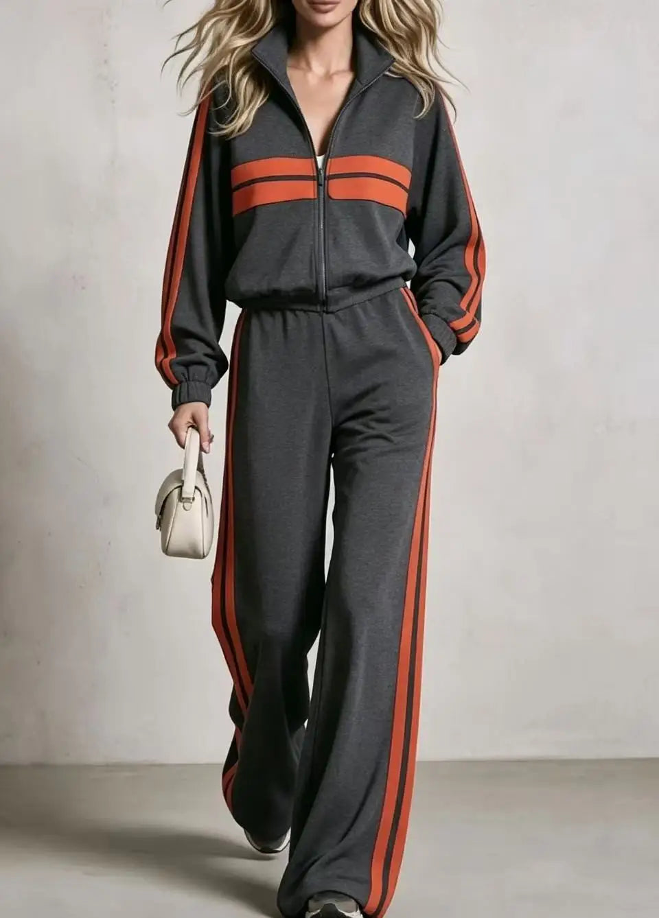 2Piece wide leg  Tracksuit Set with Stand Collar and  Zip Up Striped Jacket