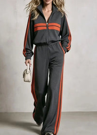 2Piece wide leg  Tracksuit Set with Stand Collar and  Zip Up Striped Jacket