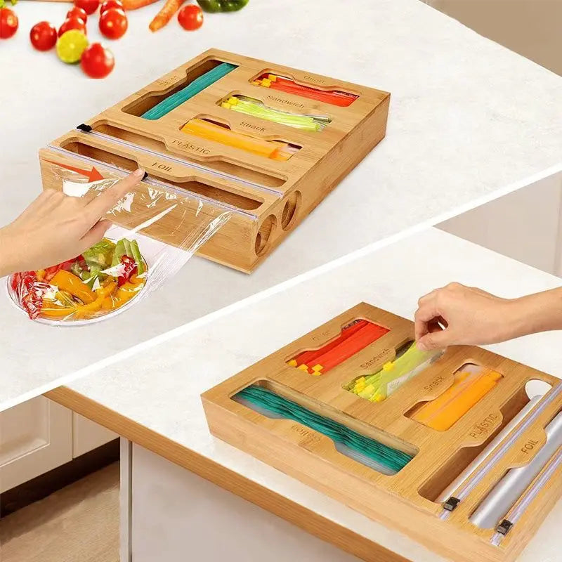 Bamboo Kitchen Ziplock bag Dispenser with Aluminum Foil Cutter