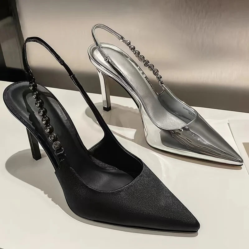 Dazzling Silver Point Toed High Heel Slingback Pumps