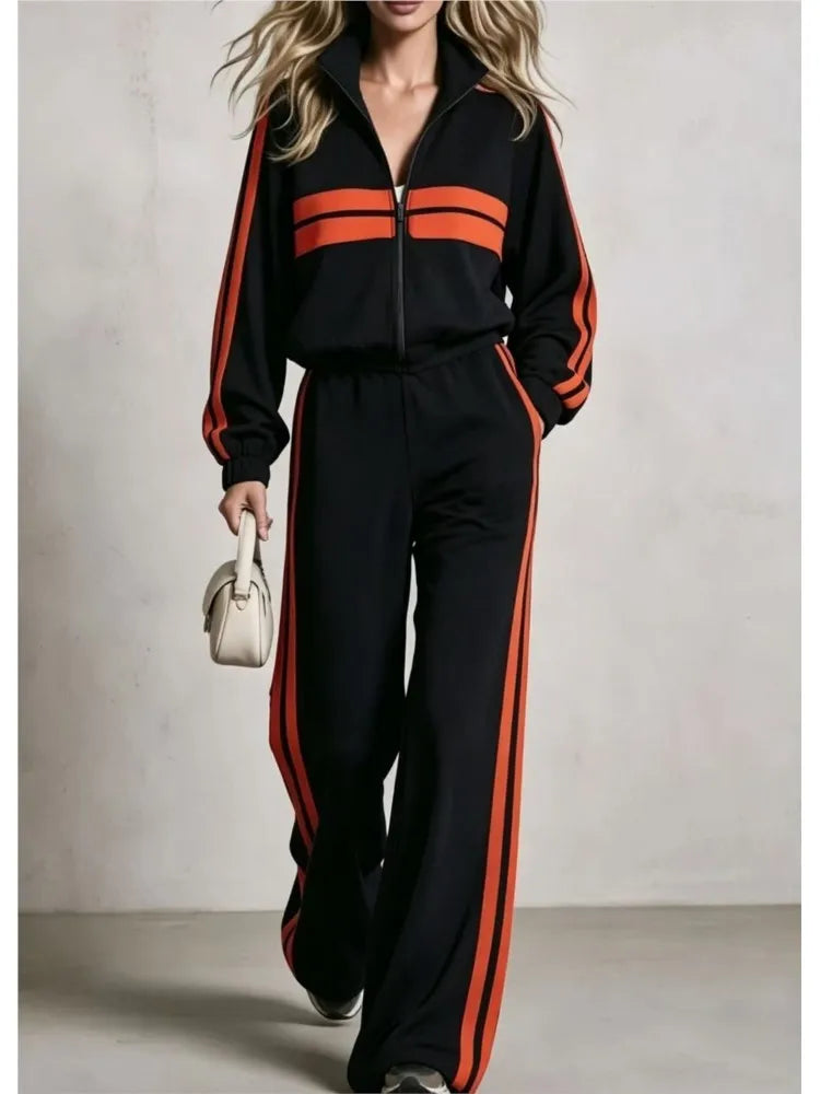 2Piece wide leg  Tracksuit Set with Stand Collar and  Zip Up Striped Jacket