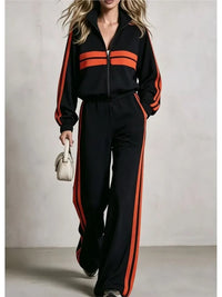 2Piece wide leg  Tracksuit Set with Stand Collar and  Zip Up Striped Jacket